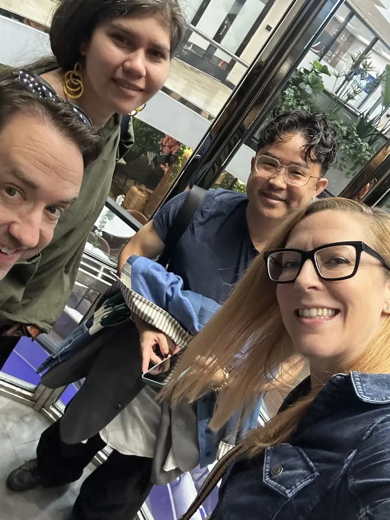 A tilted selfie of Jen, Jadon, and Gwen crowded into the frame, all three grinning.